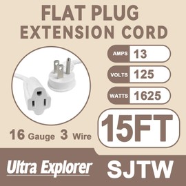 Ultra Explore 15 FT Flat Plug Extension Cord, 16 AWG 3 Prong Grounded Extension Cord White Flat Plug, Low Profile Extension Wire 13A, 1625W, UL Certified