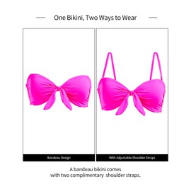 Holipick Bandeau - Parte superior de bikini para mujer, sin tirantes, solo con lazo frontal, con correas para los hombros, Rosa encendido, X-Large