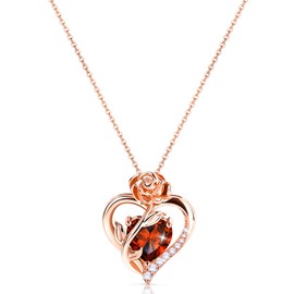 Heart Birthstone Rose Necklace for Women: Rose Gold Heart Pendant 925 Sterling Silver Dainty Necklace Jewelry for Christmas Valentines Anniversary Day July Birthday Gifts for Her Mom Wife