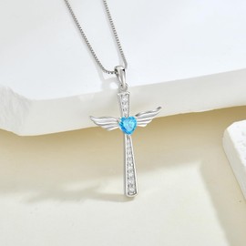 FYNSBLE Cross Necklace for Women Sterling Silver Guardian Angel Wings Pendant Heart Aquamarine March Birthstone Necklace Jewelry for Women Mother Her