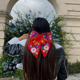 Handmade Embroidered Flower Pattern Bow Clip for Women - Color: Royal Blue