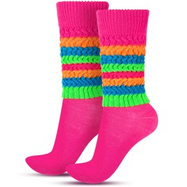 Geyoga Neon Slouch Socks,80s 90s Neon Women's Leg Warmers Extra Long Slouch Socks Soft Scrunch Knee High for Party (Rose Red, Orange, Green, Blue)