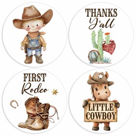 Little Cowboy Baby Shower Thank You Stickers - 2" Round First Rodeo 1st Birthday Stickers - Thanks Y'all for Coming Cowboy Cowgirl Party