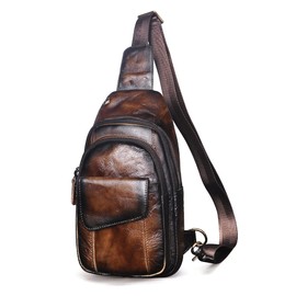 Le'aokuu Men Outdoor Casual Travel Hiking Tea Crossbody Chest Sling Bag Rig One Shoulder Strap Bag Backpack Men Leather (8013 Coffee)