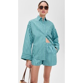 Madewell Women's Boxy Button-Up Shirt in Stripe, Bayside Stripe Cool Aqua, M