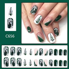 Winter Christmas Fake Nails Snowflake Press on Nails Short Green White Christmas Glue on Nails Full Cover Christmas Tree False Nail Tips Glossy Square Shape Winter Press on Nails for Women Manicure