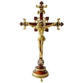 Pasiir 13 Inch Metal Hand Painted Jesus Christ Crucifix Religious Cross INRI Decor Standing Cross Gifts Home Decoration