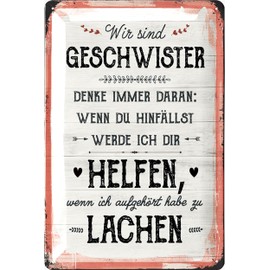 LANOLU Retro Tin Sign Siblings Gift for GeschWISTER LACHEN HELFEN Sign as Gifts for Brother and Gifts for Sister Funny Saying Signs in Wooden Sign Look, 20 x 30 cm