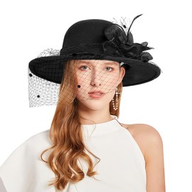 Women Wide Brim Bowler Hat Vintage Floral Wool Felt Fedora Floppy Elegant Fascinator Hat with Veil Lady Church Party Bucket