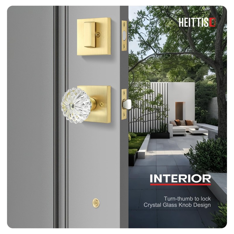 Heittis Entry Door Handles with Deadbolt Set,Gold Square Front Glass