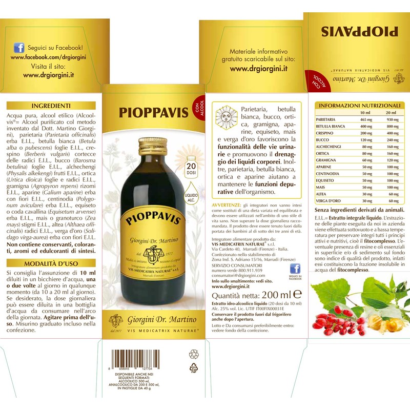 PIOPPAVIS Liquido alcoolico - 200 ml (integratore di betulla bianca,