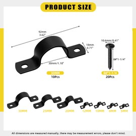 Mardatt 10 Set 1-3/16”(30mm) Two Hole Pipe Strap Clamp, Carbon Steel Rigid U Bracket Clamps U-Tube Strap Clamp Conduit Clamps with Self-Tapping Screws for Pipe Fixing, Black