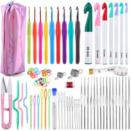 87 Pcs Crochet Hooks Set, Ergonomic Crochet Hooks Soft Grip Crochet Handles, Aluminum Crochet, Large-Eye Blunt Needles and Stitch Markers, Extra Long Knitting Needles for Sewing DIY Craft