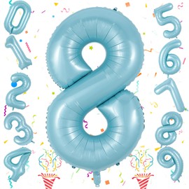 8th Birthday Number Balloons for Kids, 40 Inch Foil Number 8 Balloons Baby Pastel Blue, Helium Large Self Inflating Mylar 8 Balloons for Boys 8th Birthday Party Decor Anniversary Decoration Supplies