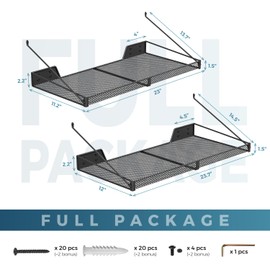 Garage Wall Shelf (2PCS-23.6"x12"x2.2") Steel Wall Shelf Storage Rack-design of TRIANGULAR BRACKET, Wall Mount Heavy Duty Metal Shelves Mesh Storage Rack for Garage, Office, Basement Kitchen, Closet