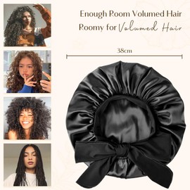 YANIBEST Large Jumbo Satin Hair Bonnets for Sleeping Double Layer Satin Lined Shower Cap for Women Men Cap for Curly Natural Hair,Black