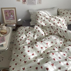 Michorinee Red Heart Single Duvet Cover Set 100% Cotton Love Hearts Print Bedding Quilt Cover 135x200 cm with Zipper Closure and Pillowcase 50x75 cm