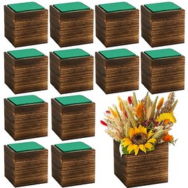 Dandat Wood Cube Planter Box Square Wood Vase Rustic Cube Planter Box with Removable Plastic Liner Floral Foam Blocks for Centerpieces Home Wedding Garden Decor, Country Style (Brown,12 Set)