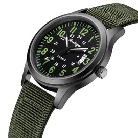 BOSHIYA Men's Watch Unisex Outdoor Sports Nylon Band Fashion Glow-in-The-Dark Fashion Watch Analog Quartz Watch for Men's Waterproof Tactical Casual Watch, green luminous + nylon green, Modern