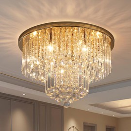 Litaddscen Gold K9 Crystal Chandelier Flush Mount Ceiling Light,Modern Round Raindrop Crystal Chandeliers Light Fixtures for Foyer Bedroom Living Dining Room Entryway,6-Light D22 x H13