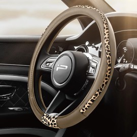 Road Comforts Steering Wheel Cover - Made with PVC Leather and Leopard Fabric - Universal 14 1/2 inches to 15 inches for Most Automotive Steering Wheel - Cheetah Print -Beige