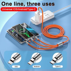 USB Multi Port Charge Cables 4 ft Length Charging Cable 1.2m Charge Cord Orange (1, 4FT), Type C Port, Micro USB, Lighting for iPhone, Samsung, All Other Electrics Devices.