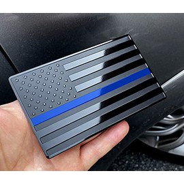 LFPartS USA Bandera de Metal de Acero Inoxidable en Relieve de EE.UU. para Automóviles, Camiones Muestra Apoyo a la Policía y Oficiales de Aplicación de la Ley Negro con Línea Azul Delgada 5"x3"