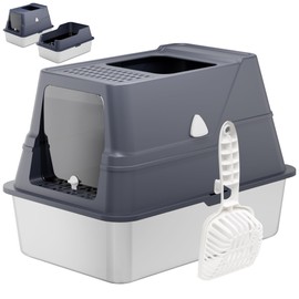 Tokenkuko Stainless Steel Cat Litter Box with Lid,Covered Large Cat Litter Boxs Enclosure,Front Entry Top Exit Cat Litter Box Front & Top Entry with Litter Scoop for Small to Big Cats(Gray)