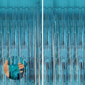 2 Pack 3.3 * 8.3 ft Foil Curtain Metallic Tinsel Fringe Curtains Photo Booth Props Backdrop for Birthday Wedding Engagement Baby Shower Christmas Holiday Celebration Party,Light Blue