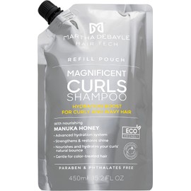 MARTHA DEBAYLE Shampoo REFILL POUCH MAGNIFICENT CURLS. Boost de hidratación para pelo chino y ondulado. Con miel de manuka nutritiva. Sin parabenos y ftalatos. 450 ml.