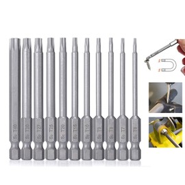 11pcs T6-T40 Magnetic Torx Head 4" (100mm) Long Torx Security Head Screwdriver Drill Set 1/4 Inch Hex Shank 11 Pack 4 Inch Length S2 Steel Torx Screwdriver Bit Set