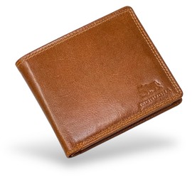 MORUCHA Mens RFID Blocking Top Grain Leather Wallet - Card Holder, Cash Pocket, ID Window, Bifold Design M110 (Tan)