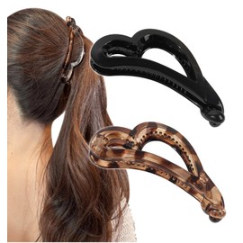 Herbeluemily Banana Clip, Hair Clip, Firm, Hair Clip, Heart, Simple, Cute, Set of 2, B, Black + Clear Tortoise Shell