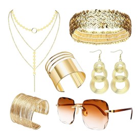 WTTUOAM 7 Pieces 70s Disco Accessories Costume Jewelry Set for Women, Rimless Diamond Cutting Sunglasses Cuff Bangle Wire Metal Coil Bracelets Layered Choker Bracelet Sequin Headband