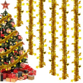 dellyy Tinsel Garland Christmas Garland, 6 Pieces x 2 m Christmas Decoration Tinsel Shiny Garland, Christmas Tinsel Garland with Stars, Christmas Tree Decoration Garland (Gold)