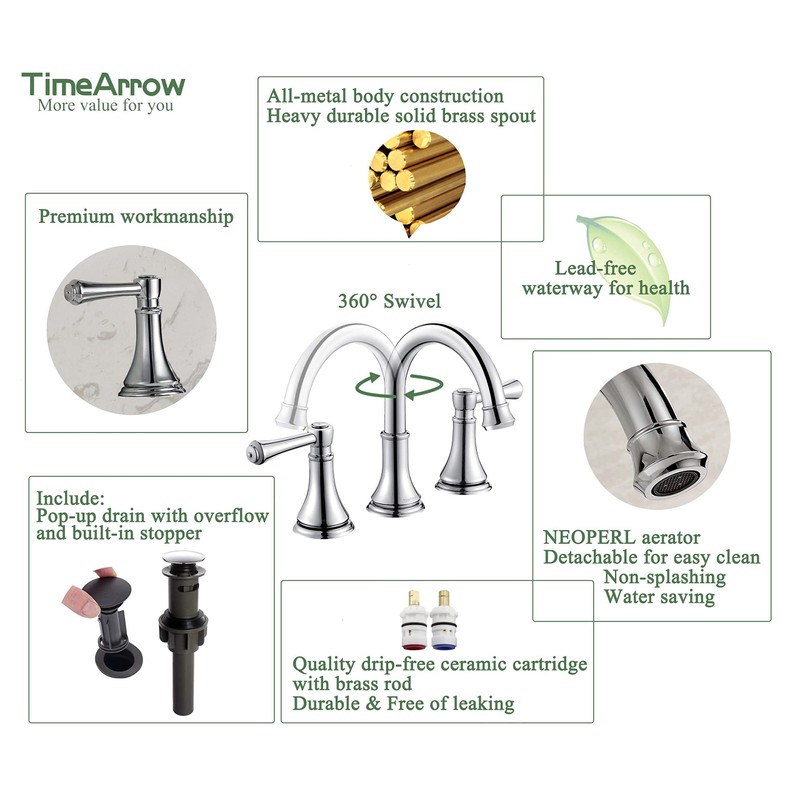 TimeArrow Chrome Two Handle 8 inch Widespread Bathroom Sink Faucet