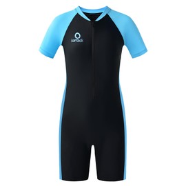 karrack Girls and Boys One Piece Rash Guard Swimsuit Kid Water Sport Short Swimsuit UPF 50+ Sun Protection Bathing Suits Black- Blue (Size 8-10Years)