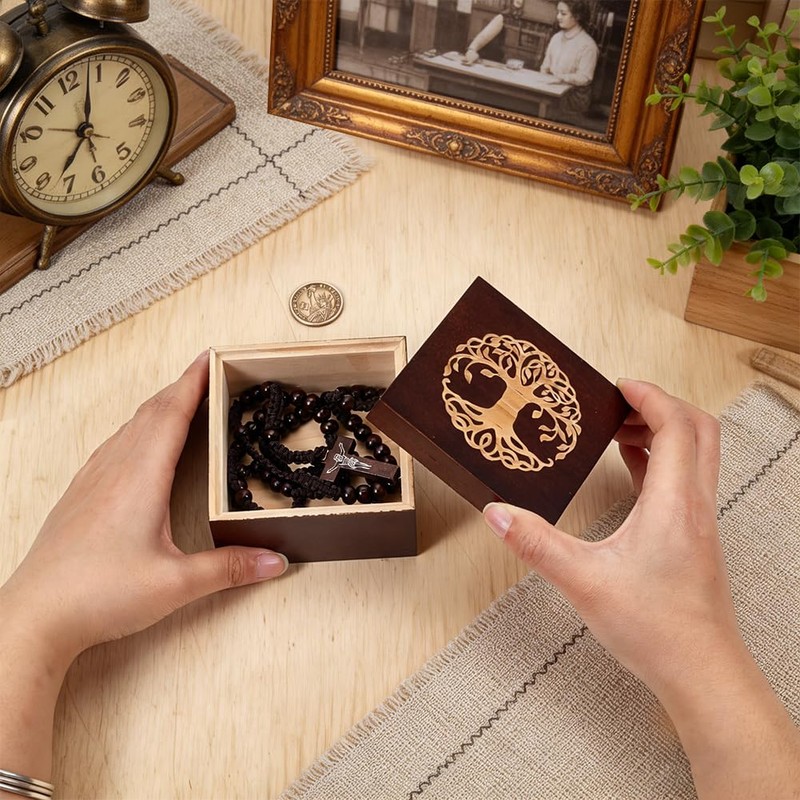 UNICRAFTALE 1Pc Tree Of Life Wooden Keepsake Box 9x9x6.1cm