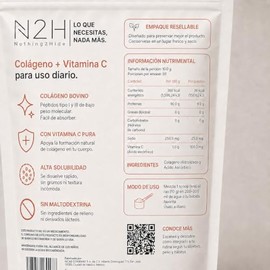 N2h Colágeno Hidrolizado Bovino Vitamina 500 Porciones Sabor Péptidos Colageno Tipo Iii Piel Cabello Uñas Maltodextrina Azúcar Gluten Third Party