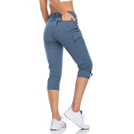 Flewolch Women's Hiking Cargo Pants Lightweight Outdoor Camping Capris Water Resistant UPF 50 with Zipper Pockets Stone Blue