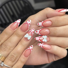 Valentine's Day Press on Nails with French Red Heart Design White French Nails Press ons Cute Bow Stick on Nails False Nails Heart Full Cover Acrylic Nails Valentine's Gift for Women DIY Charms Nails