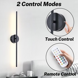 Wireless Wall Sconces Set Of 2 With Remote Control ＆ Touch Switch, 8000mah Detachable Battery Operated Wall Lights, USB Rechargeable Indoor Wall Decor Wall Lamp, LED 15 RGB Colors, Timer, Black, 32IN