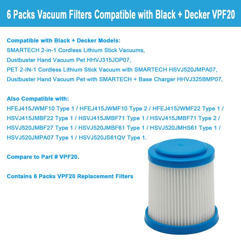 Lemige 6 Packs VPF20 Replacement Filters for Black and Decker
