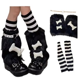 CHERSE Furry Leg Warmers for Women 3in1 Kawaii Star Bone Plush Faux Fur Y2K Pink Lolita Leg Socks 80s Outfit Harajuku Punk Knee High Preppy Gothic (Black Bone Stripe 3in1)