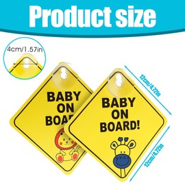 BIRLOZA Baby on Board Car Warning Signs 2 Pieces 4.7 x 4.7 Inch Safety Car Sign with Suction Cups Removable Children's Safety Warning Sticker for the Car Yellow Cute Baby on Board Sticker Car