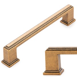 KOOFIZO Stepped Bar Cabinet Pull - Antique Brass Furniture Handle, 5 Inch/128mm Screw Spacing, 10-Pack for Kitchen Cupboard Door, Bedroom Dresser Drawer, Bathroom Wardrobe Hardware