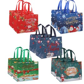 10 Pack Christmas Tote Bags, Reusable Tote Bag With Handle Non-woven Fabric Christmas Shopping Bag Foldable Waterproof Christmas Treat Grocery Bag for Xmas Gift Party Decoration