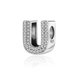 Symretie Alphabet A-Z Initial Bead Charms Sterling Silver with Cubic Zirconia with European Bracelets and Necklace, Sterling Silver, No Gemstone