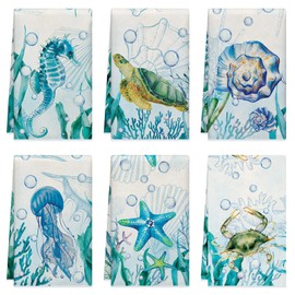 Set of 6 Beach Kitchen Towels Sea Themed Dish Towels Beach Cloth Tea Towel Turtle Nautical Kitchen Towels, Hand Towels, Tea Towels, Housewarming Gift for Home, Hand Towels for Kitchen