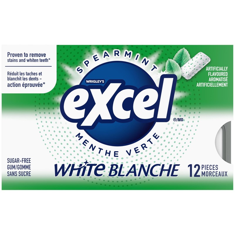 Excel White Sugar-Free Gum, Spearmint, 12 Count